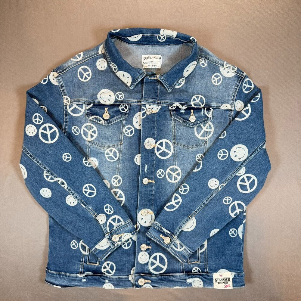 Stranger Things x Justice Girls XL Discharged Denim Jacket Peace Signs